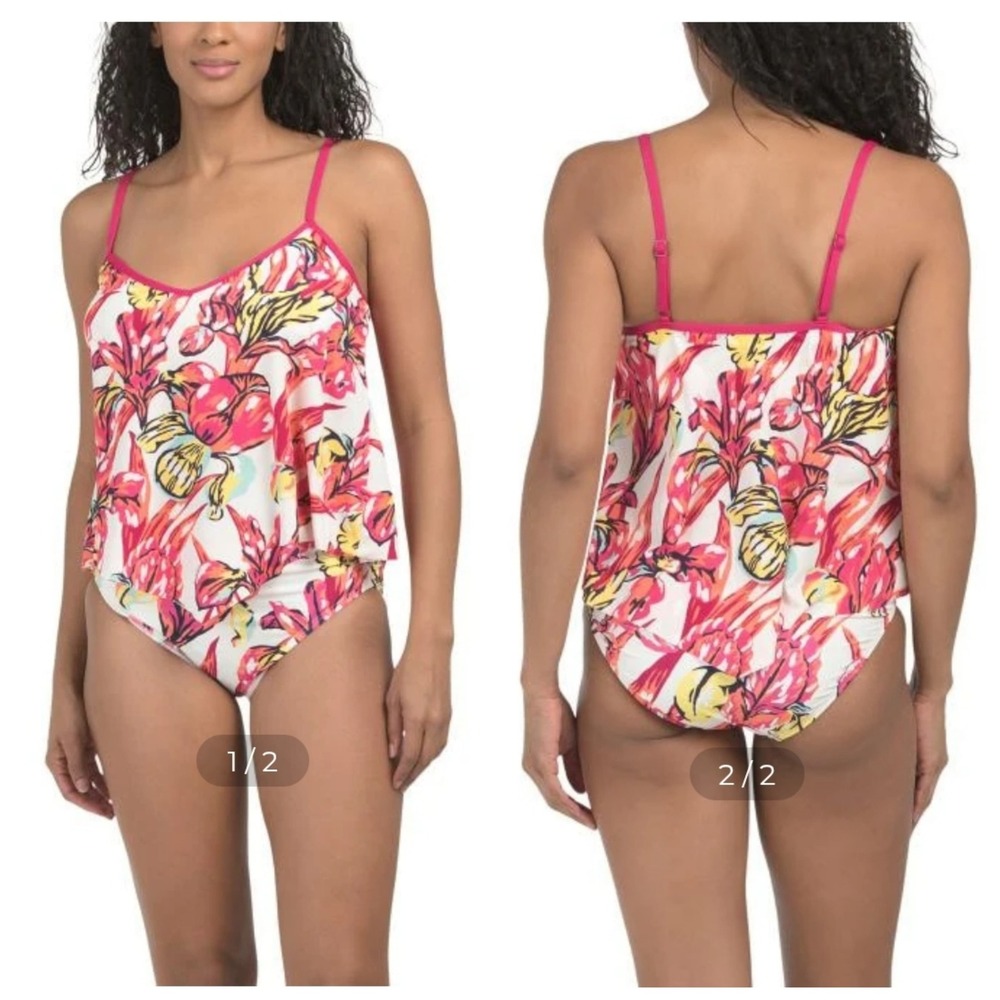 Carmen Marc Valvo Swimwear Hibiscus Floral Print Tankini Swim Bikini